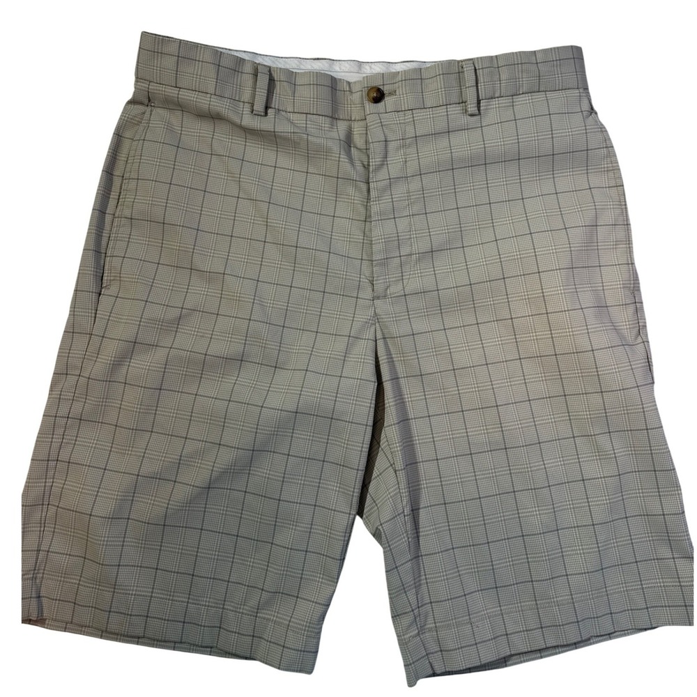 Greg Norman Mens Plaid Golf Shorts Tan Gray Size 32 Performance Stretch TL102559